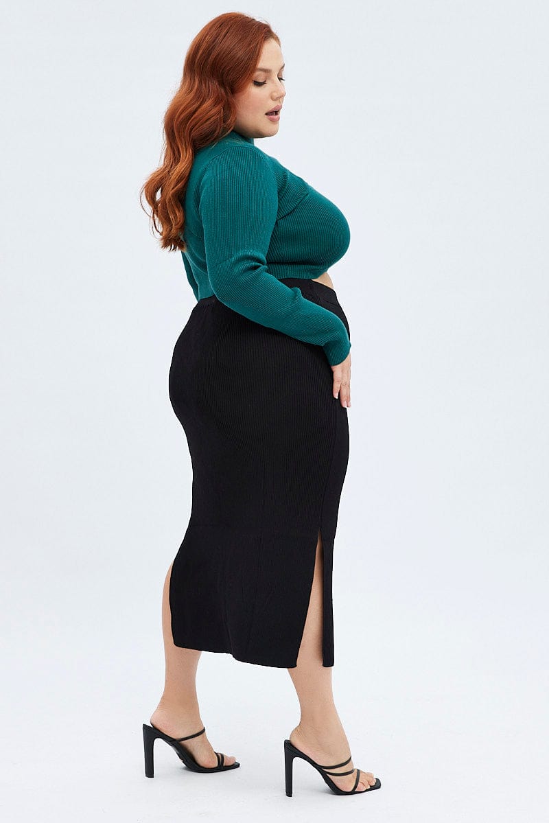 Black Knit Skirt Midi Side Split for YouandAll Fashion