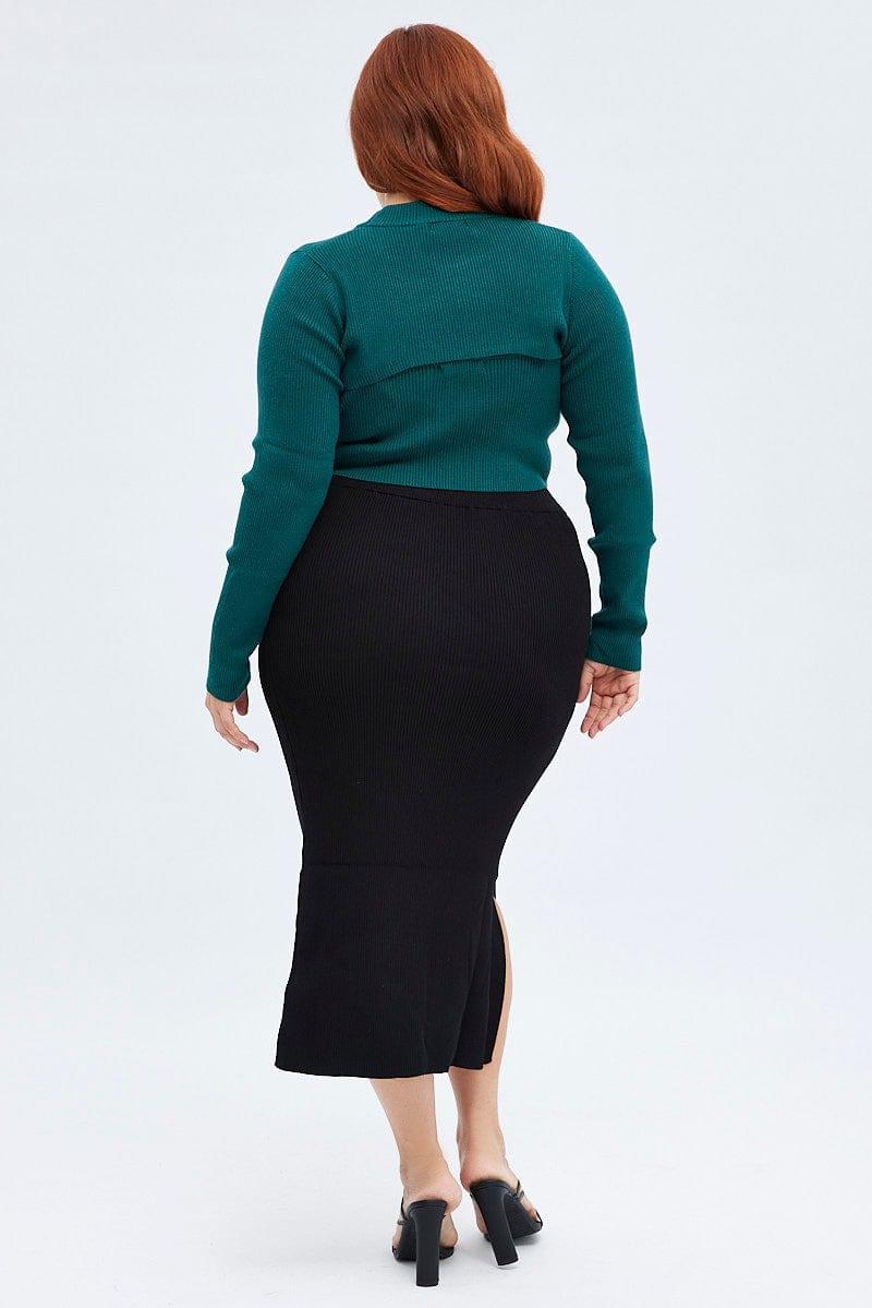 Black Knit Skirt Midi Side Split You All