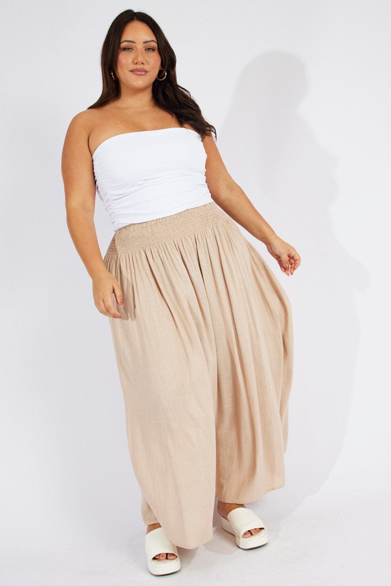 Beige Shirred Linen Blend Maxi Skirt for YouandAll Fashion