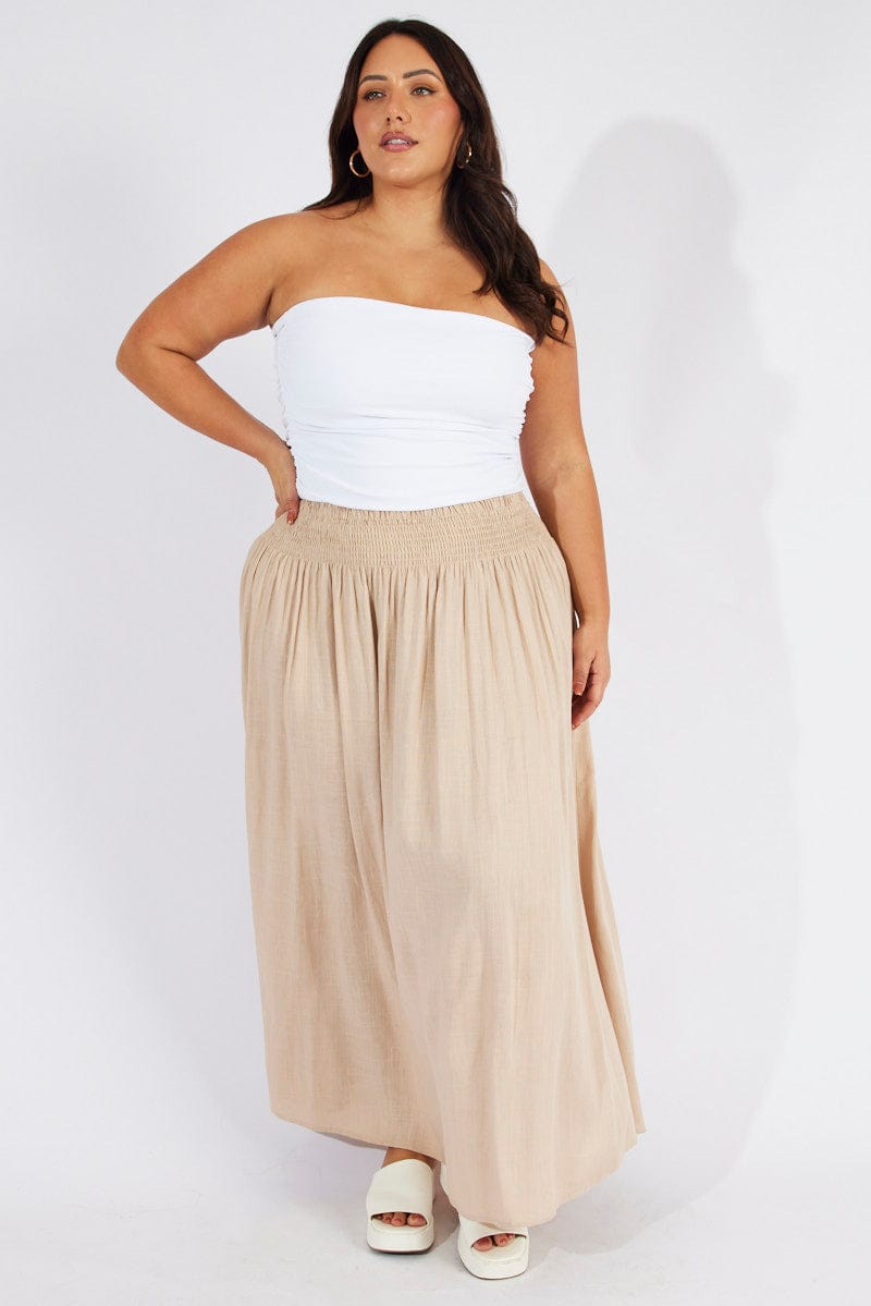 Beige Shirred Linen Blend Maxi Skirt for YouandAll Fashion