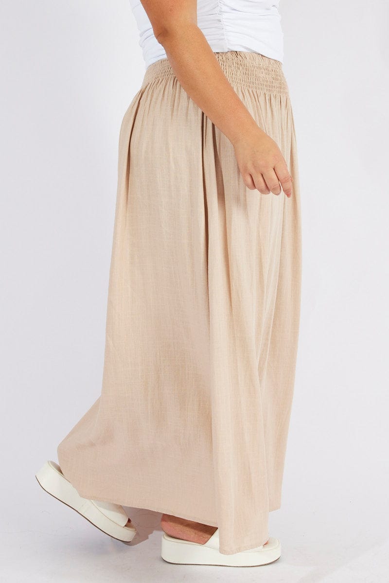 Beige Shirred Linen Blend Maxi Skirt for YouandAll Fashion