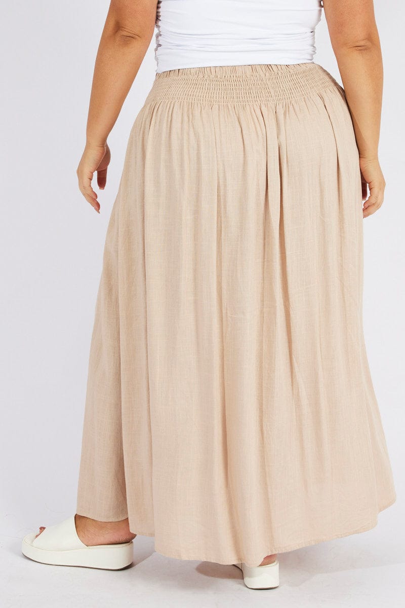 Beige Shirred Linen Blend Maxi Skirt for YouandAll Fashion