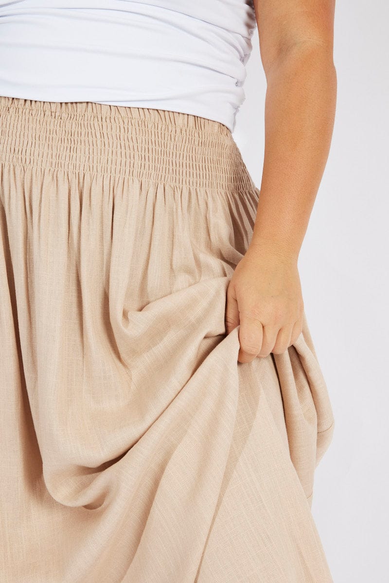 Beige Shirred Linen Blend Maxi Skirt for YouandAll Fashion