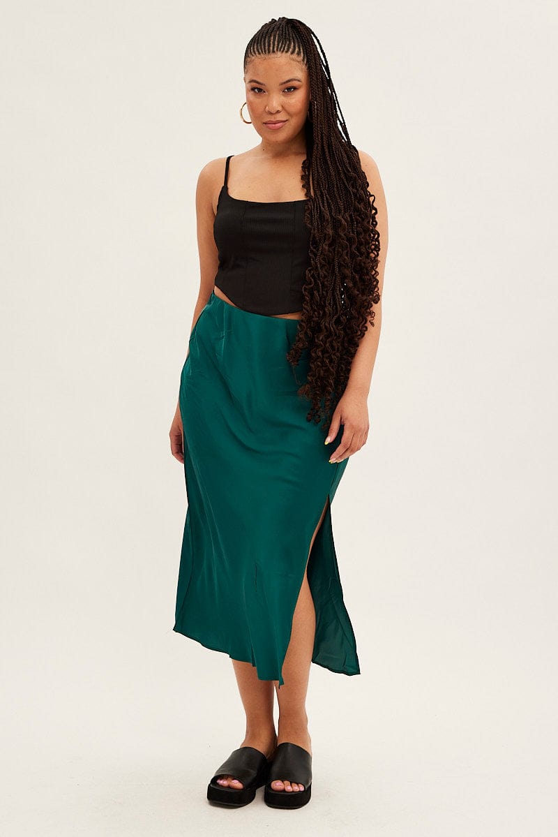 Green Midi Skirt Bias Satin With Split for YouandAll Fashion