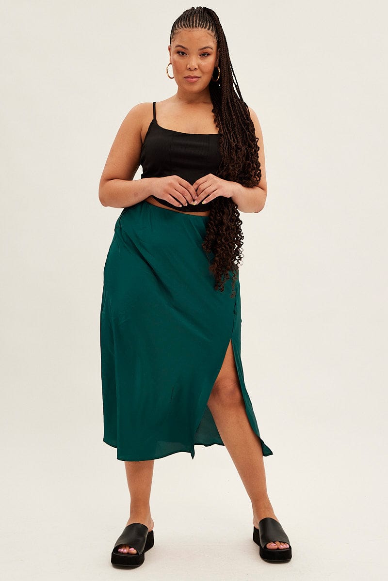 Green Midi Skirt Bias Satin With Split for YouandAll Fashion