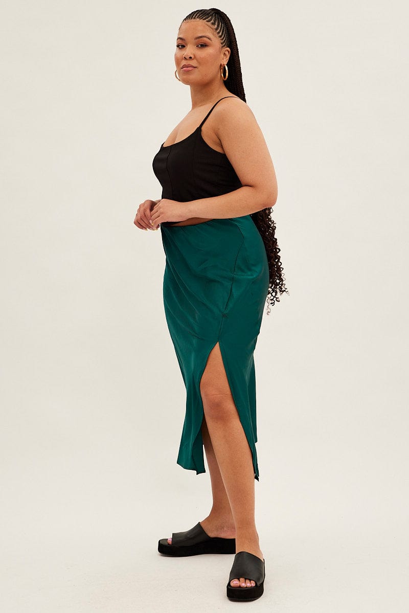 Green Midi Skirt Bias Satin With Split for YouandAll Fashion