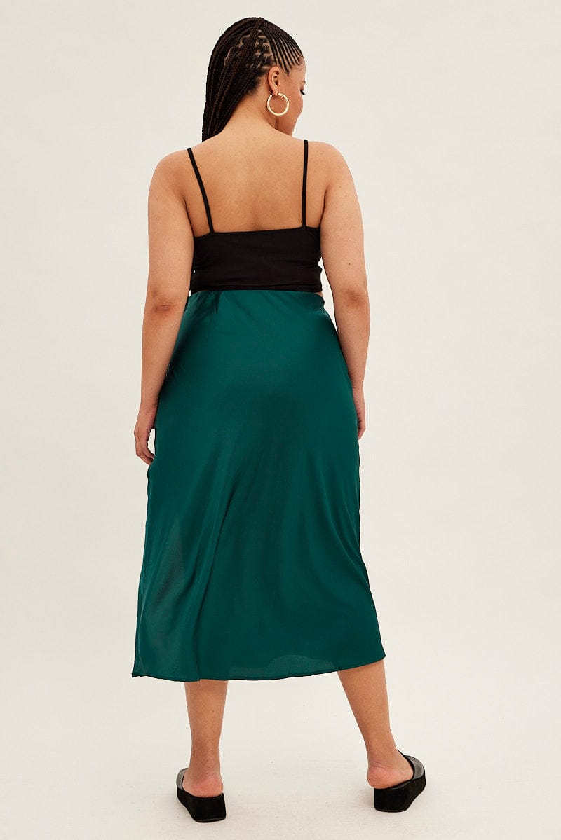 Green Midi Skirt Bias Satin With Split for YouandAll Fashion