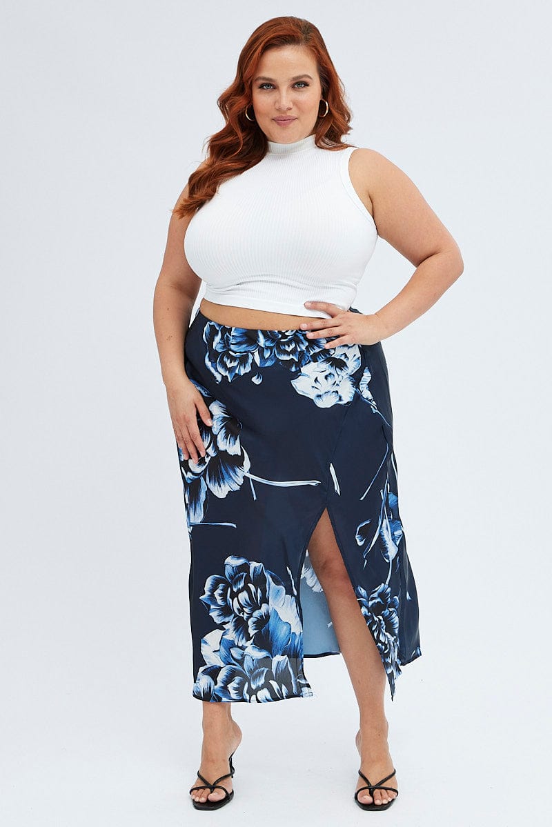 Blue Abstract Midi Skirt Split Satin Floral for YouandAll Fashion