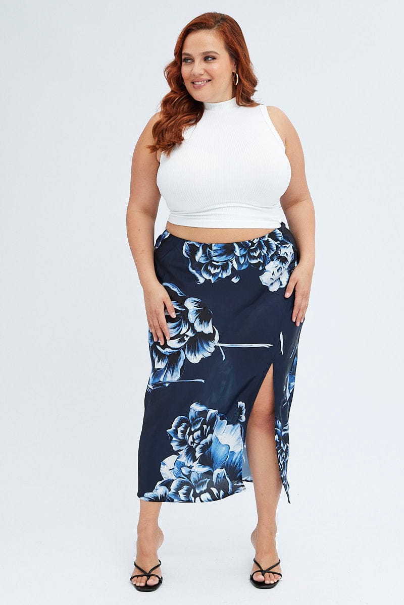 Blue Abstract Midi Skirt Split Satin Floral for YouandAll Fashion