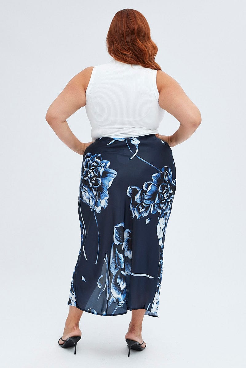 Blue Abstract Midi Skirt Split Satin Floral for YouandAll Fashion