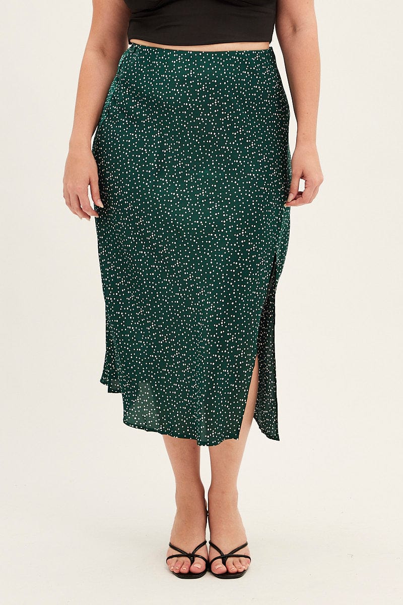 Green Polka Dot Midi Skirt Split Slip Satin for YouandAll Fashion