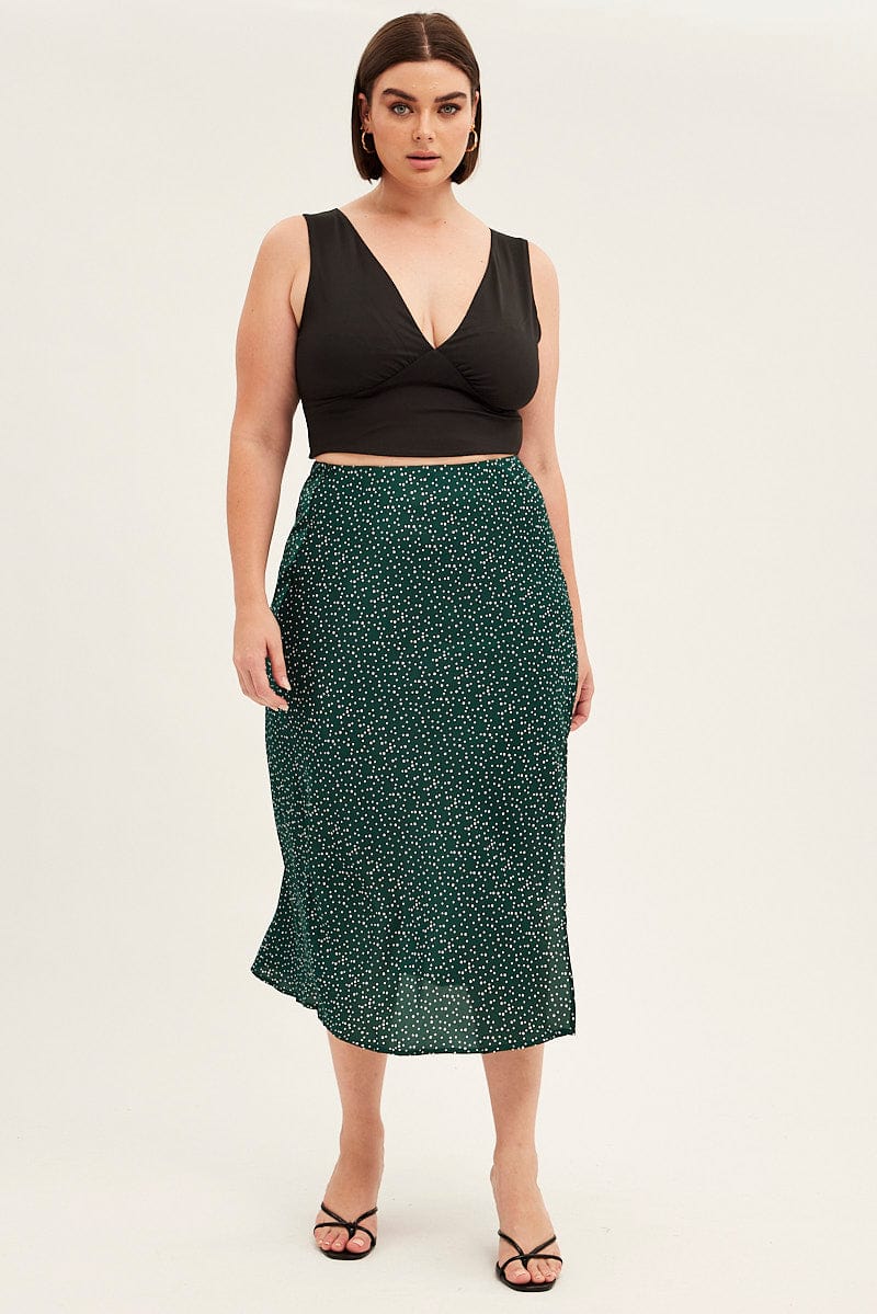 Green Polka Dot Midi Skirt Split Slip Satin for YouandAll Fashion