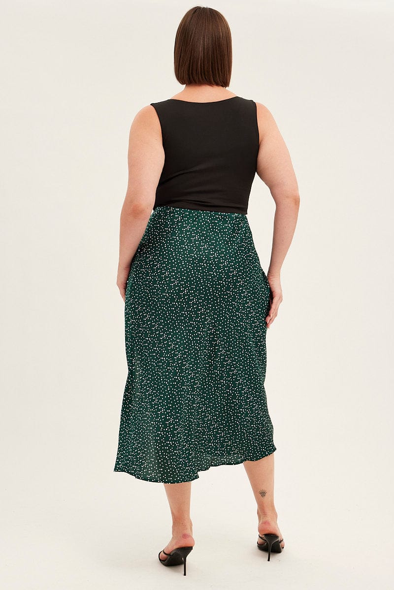 Green Polka Dot Midi Skirt Split Slip Satin for YouandAll Fashion