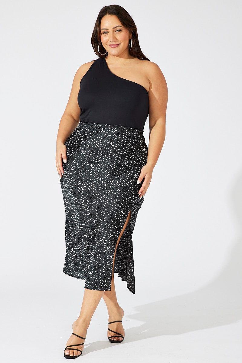 Black Polka Dot Satin Slip Skirt With Split for YouandAll Fashion