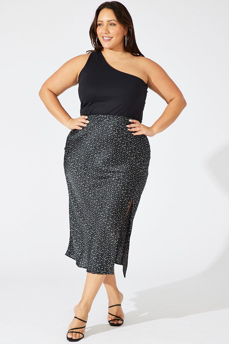 Black Polka Dot Satin Slip Skirt With Split for YouandAll Fashion