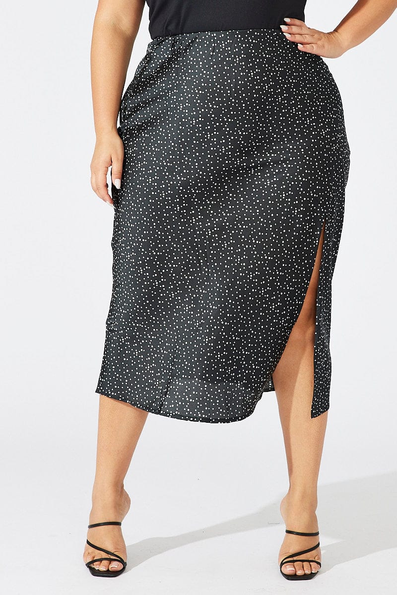 Black Polka Dot Satin Slip Skirt With Split for YouandAll Fashion