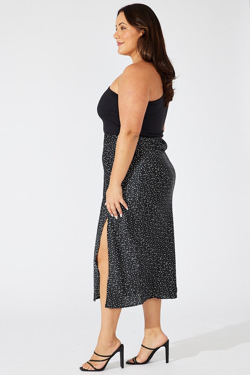 Black Polka Dot Satin Slip Skirt With Split for YouandAll Fashion