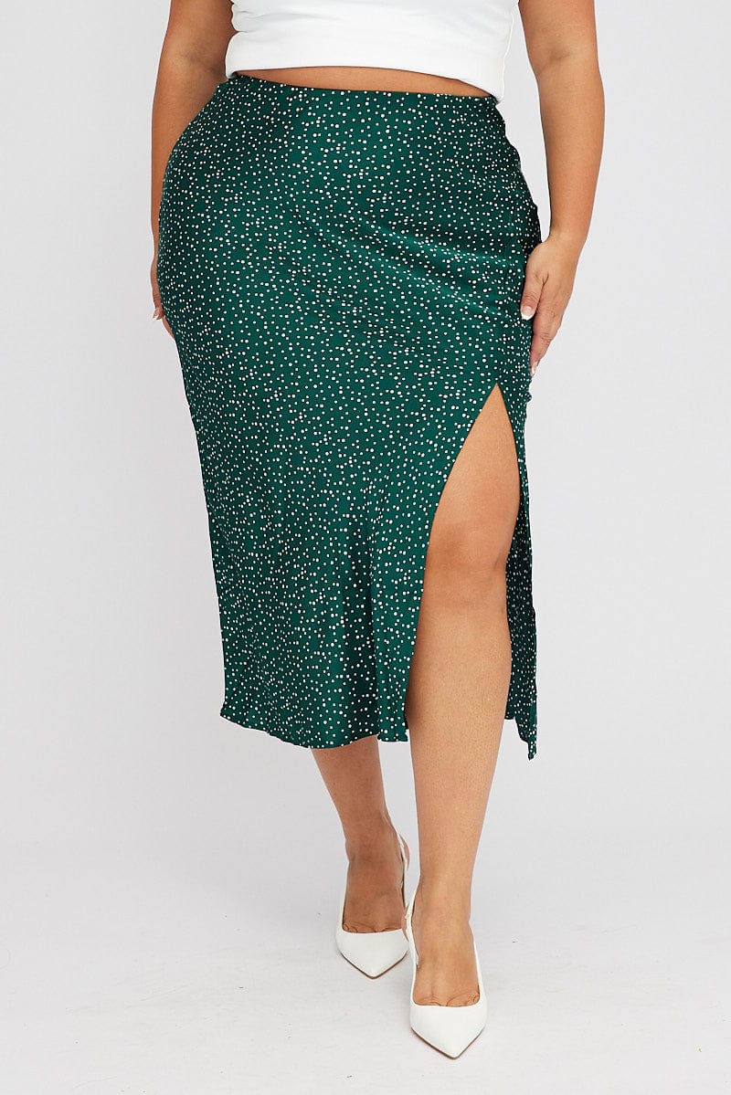 Green Polka Dot Satin Slip Skirt With Split for YouandAll Fashion