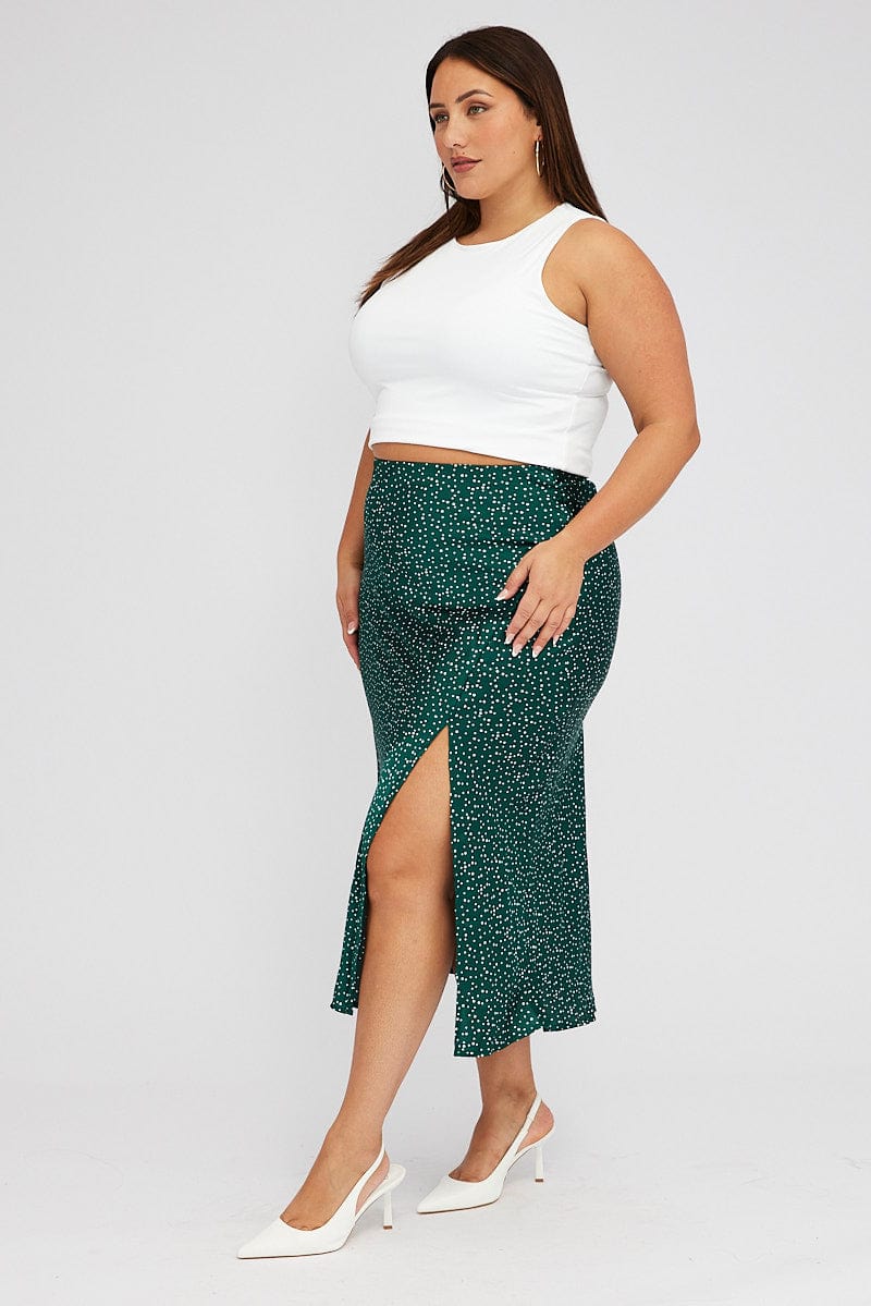 Green Polka Dot Satin Slip Skirt With Split for YouandAll Fashion