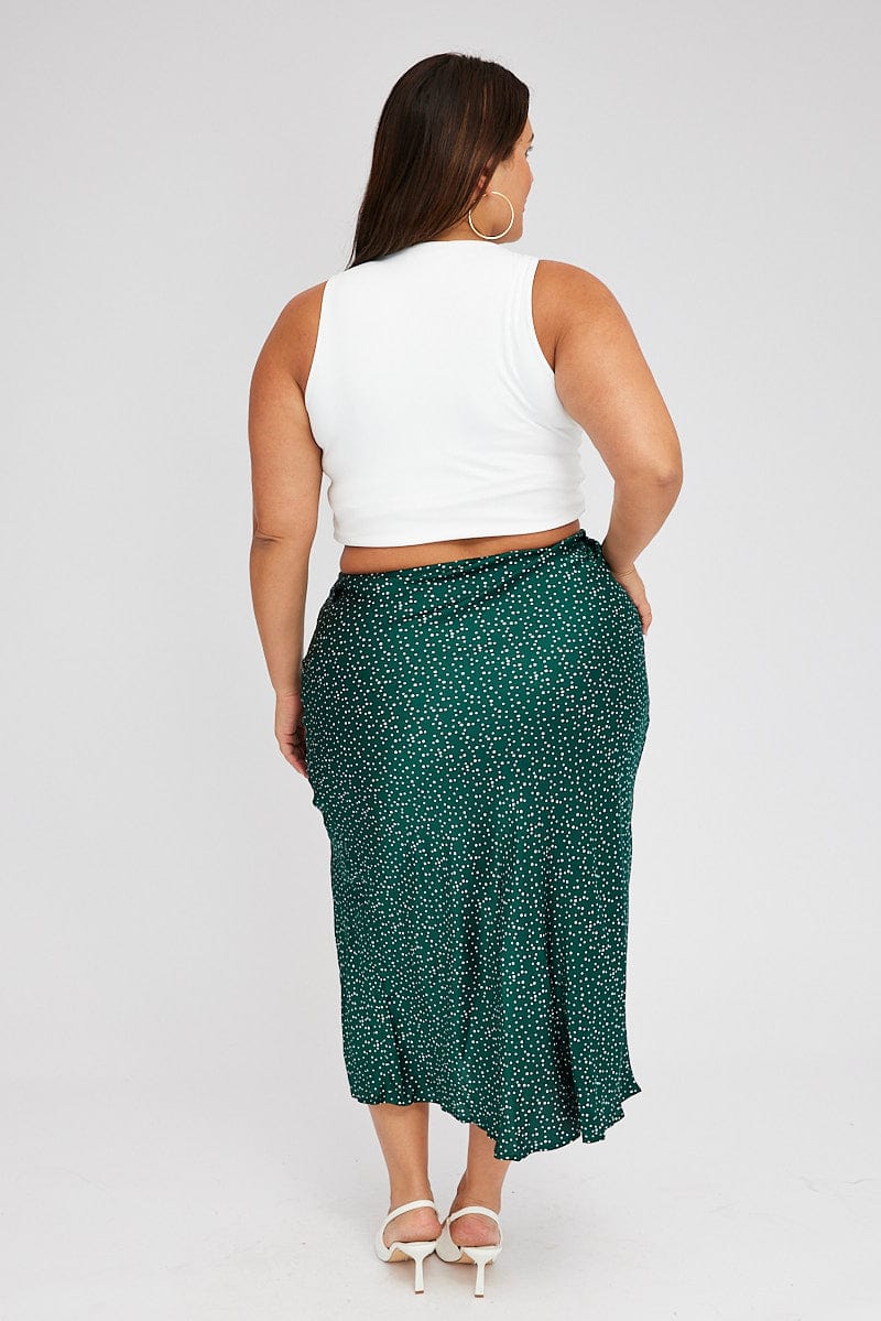 Green Polka Dot Satin Slip Skirt With Split for YouandAll Fashion
