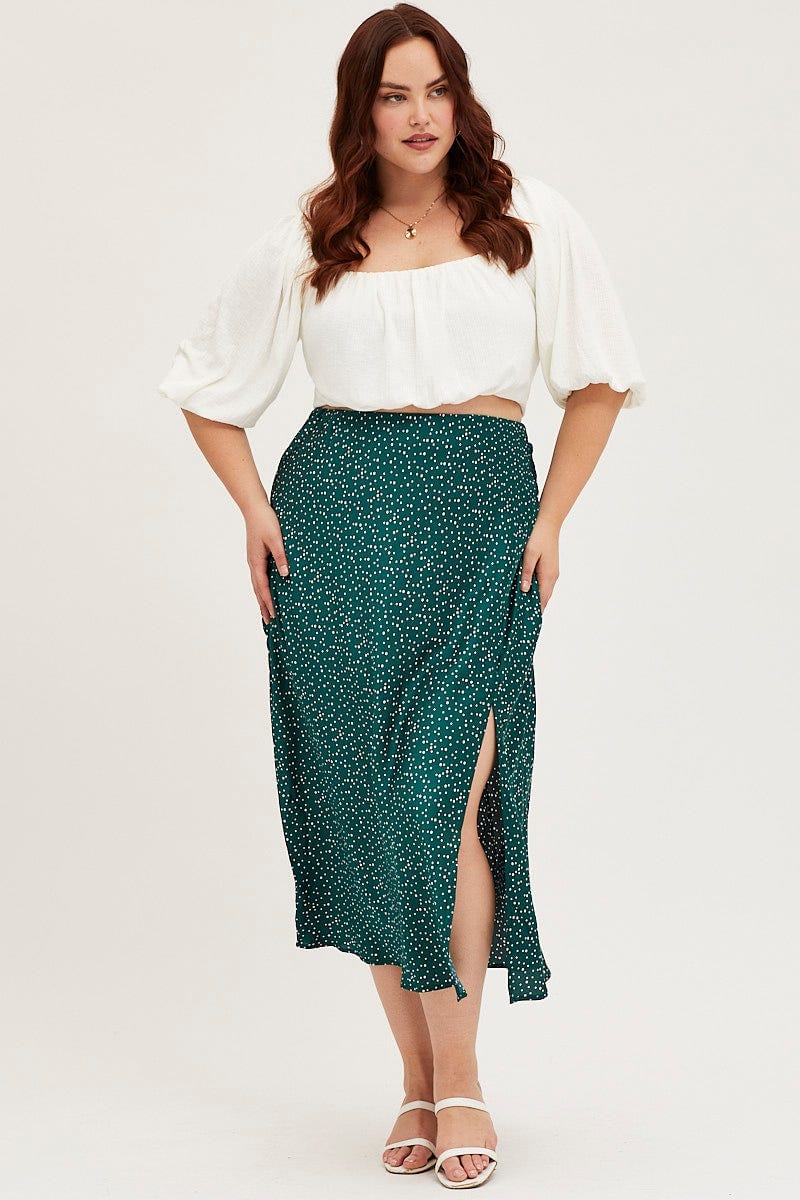Polka Dot Midi Satin Skirt Front Split For Women By You And All