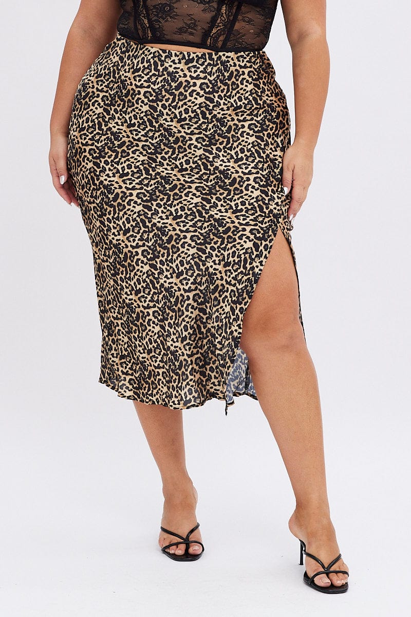 Multi Animal Print Satin Skirt Leopard Split Midi for YouandAll Fashion