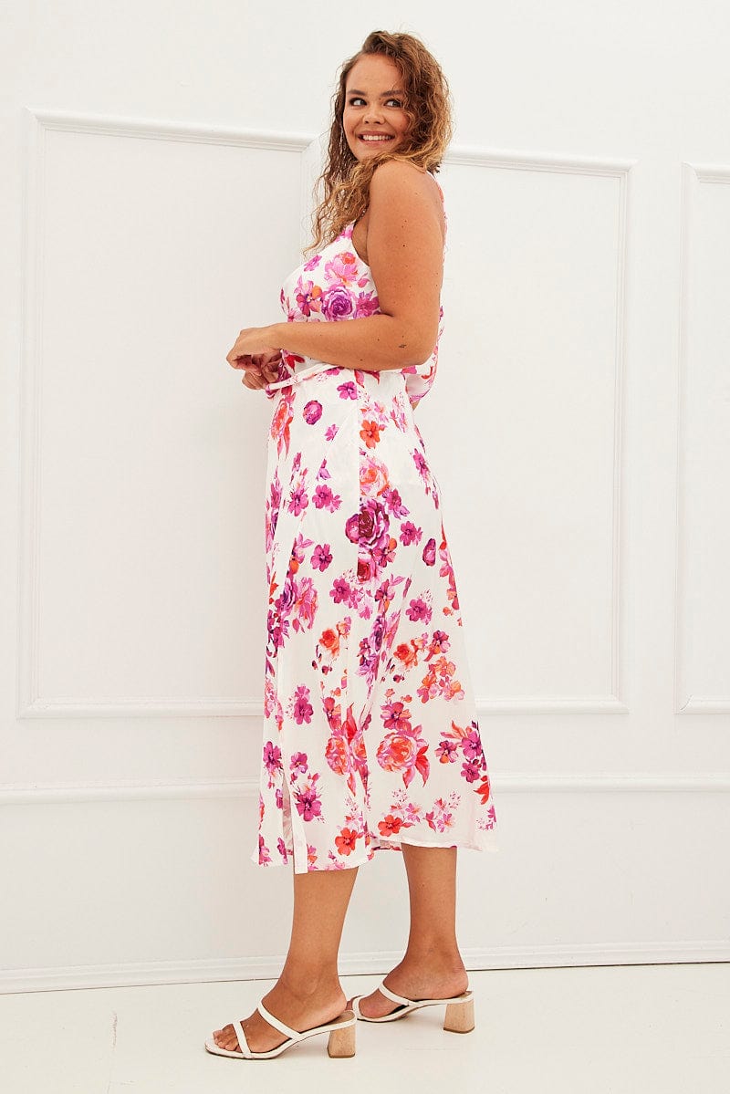 Pink Floral Midi Skirt high Waist Split Satin for YouandAll Fashion