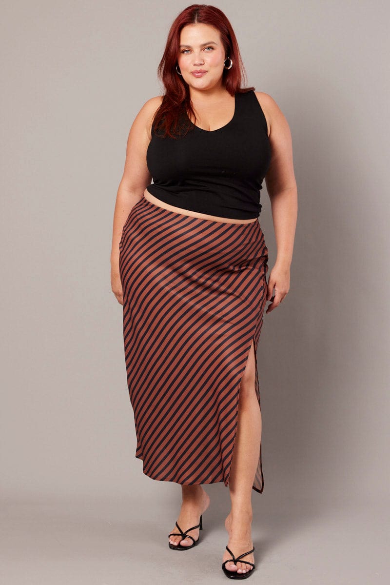 Brown Stripe Stripe Split Midi Skirt for YouandAll Fashion