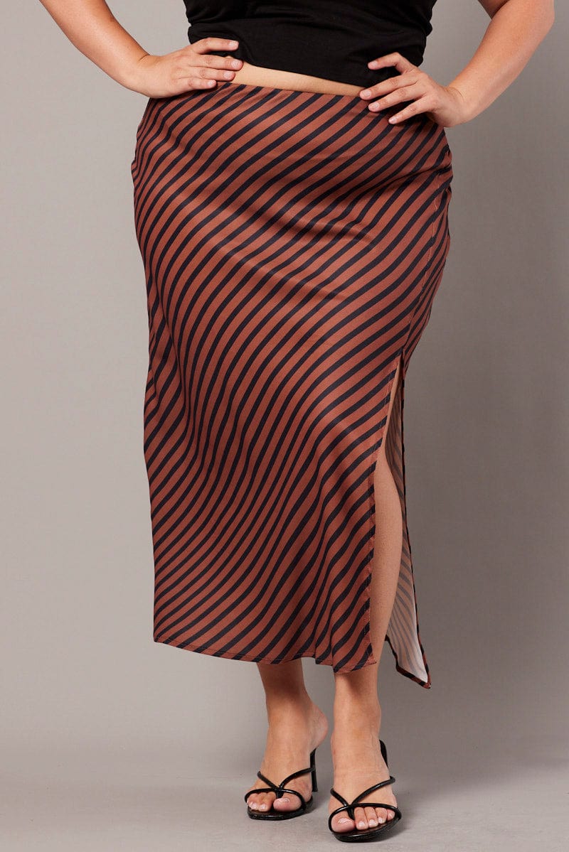 Brown Stripe Stripe Split Midi Skirt for YouandAll Fashion