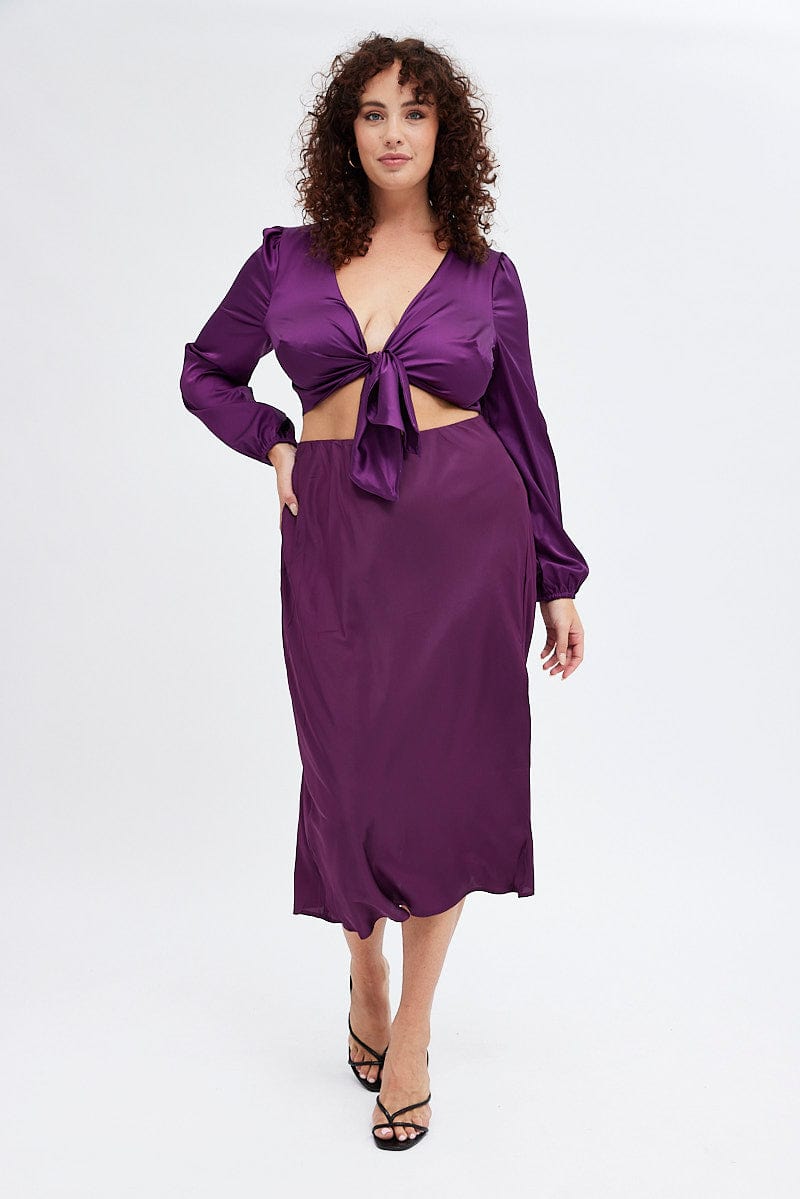 Purple Midi Skirt Elastic Waist Split Satin You All