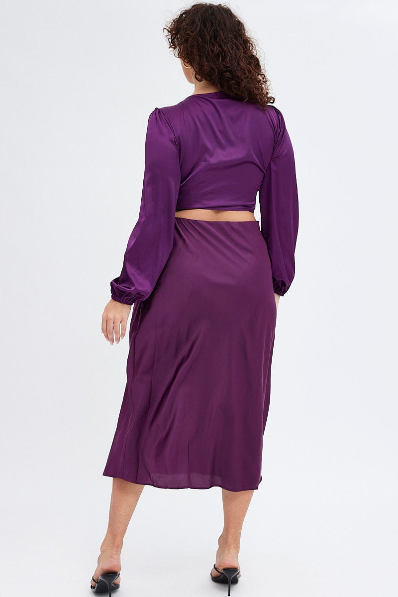 Purple Midi Skirt Elastic Waist Split Satin for YouandAll Fashion