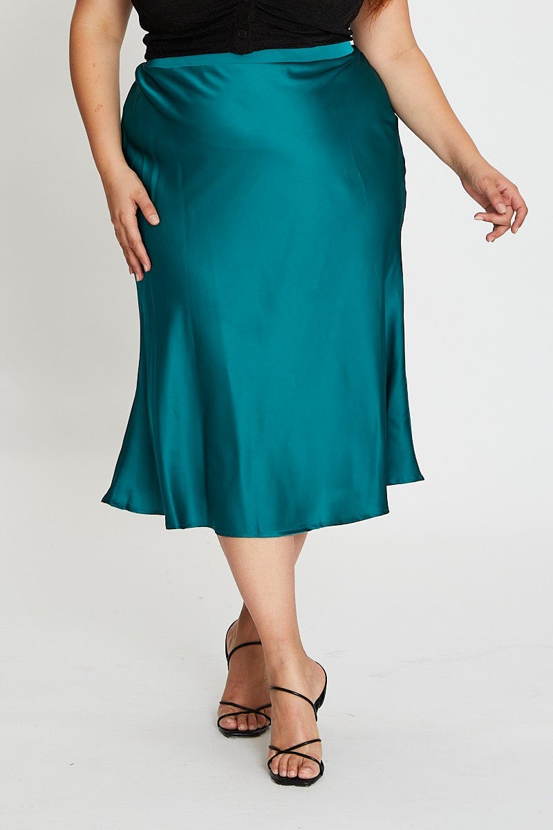 Green Midi Satin Skirt  Elastic Waist for Women by You and All