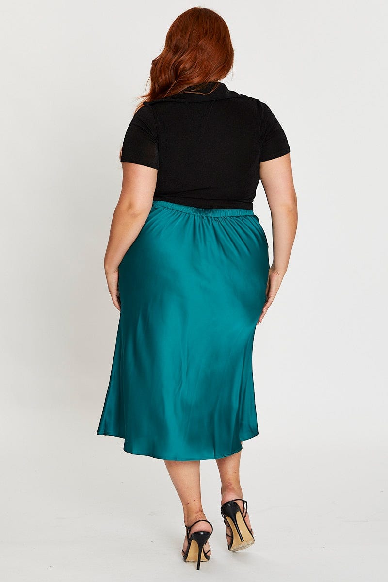 Green Midi Satin Skirt  Elastic Waist for Women by You and All