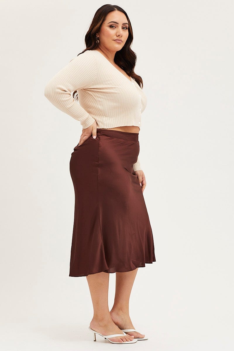 Brown Midi Satin Skirt Elastic Waist For Women By You And All