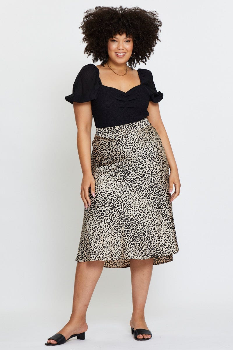 Animal Prt Midi Satin Skirt Elastic Waist For Women By You And All