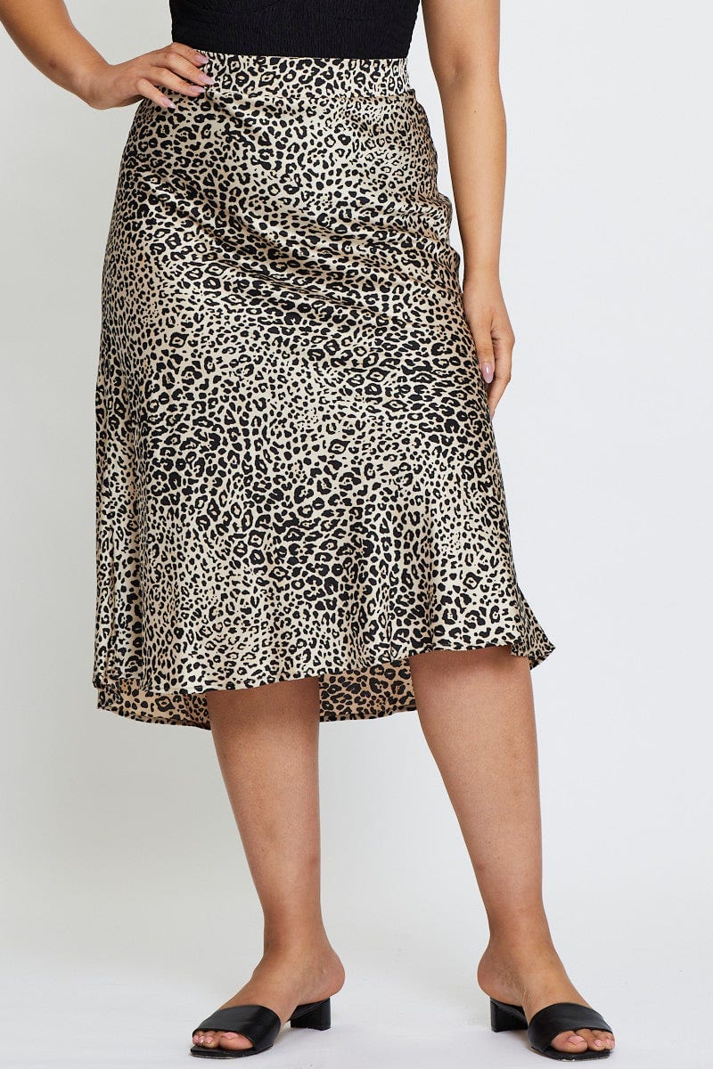 Animal Prt Midi Satin Skirt Elastic Waist For Women By You And All