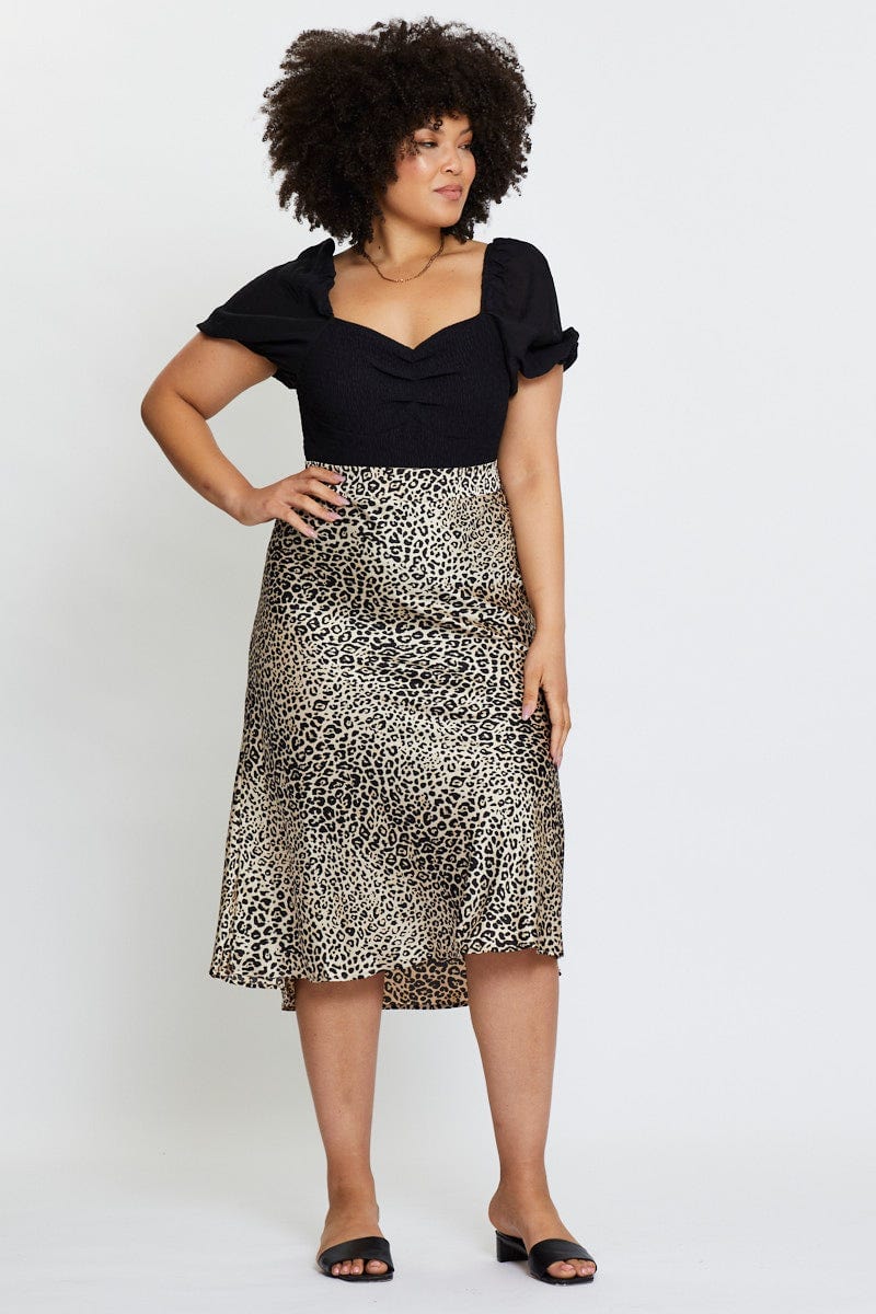 Animal Prt Midi Satin Skirt Elastic Waist For Women By You And All