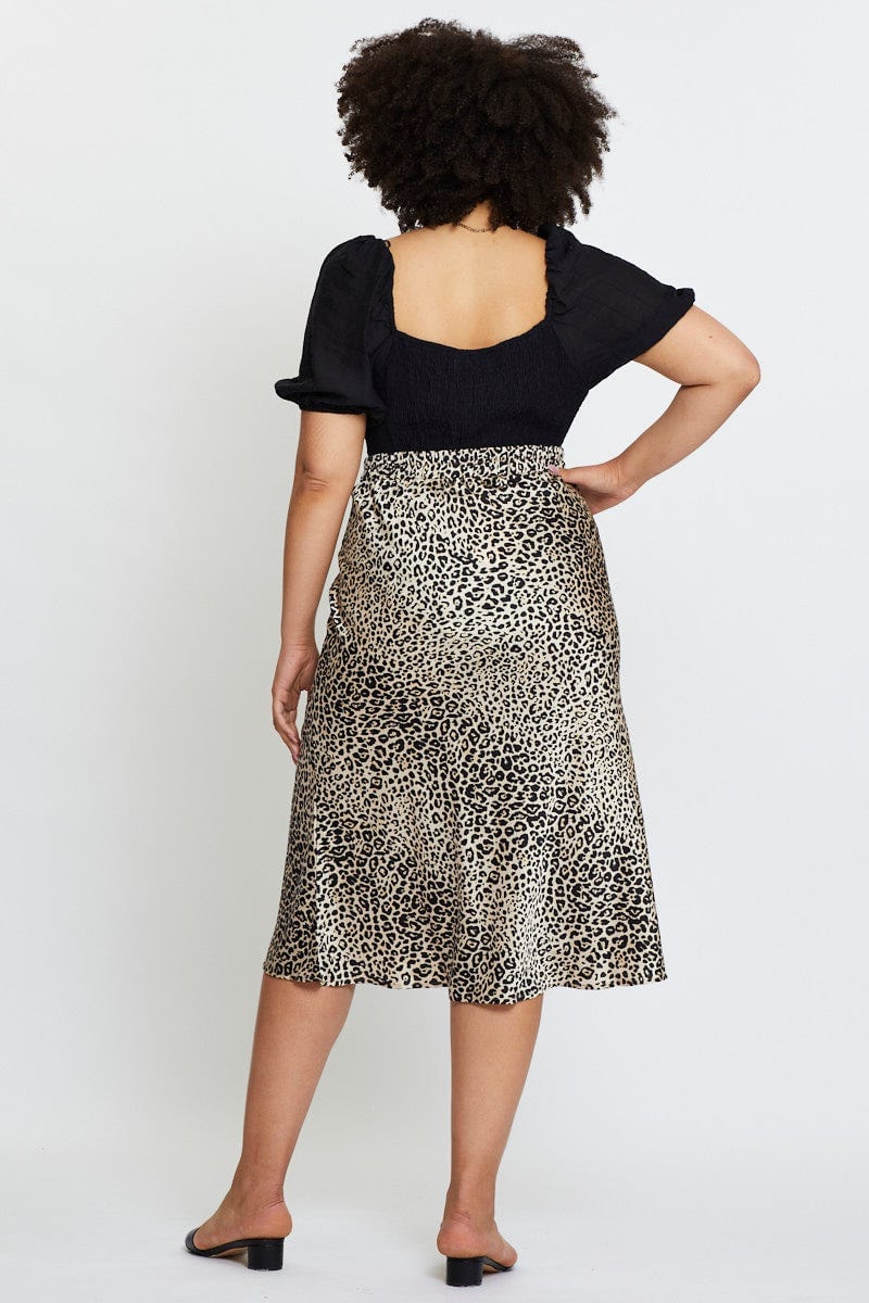 Animal Prt Midi Satin Skirt Elastic Waist For Women By You And All