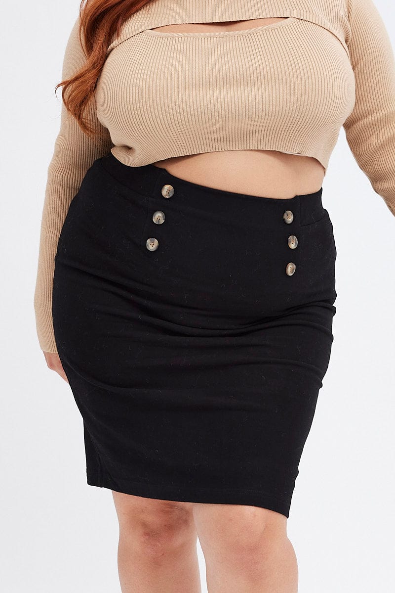 Black High Waist Black Ponte Button Fitted Skirt for YouandAll Fashion
