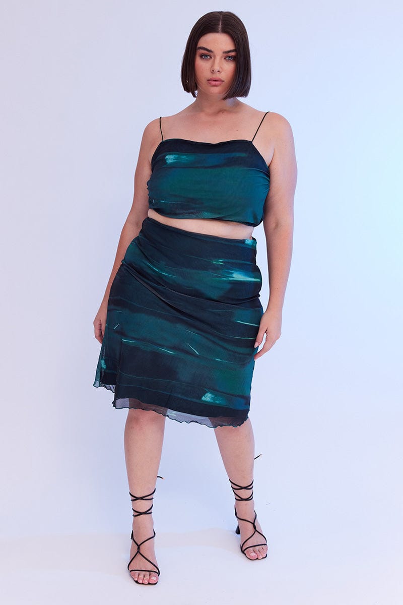 Green Abstract Midi Skirt Bodycon Elastic Waist Mesh for YouandAll Fashion