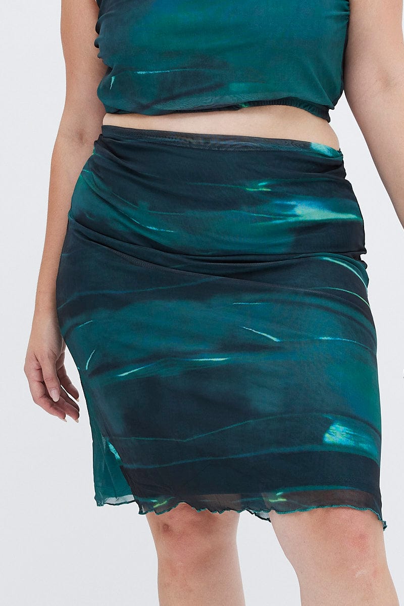 Green Abstract Midi Skirt Bodycon Elastic Waist Mesh for YouandAll Fashion