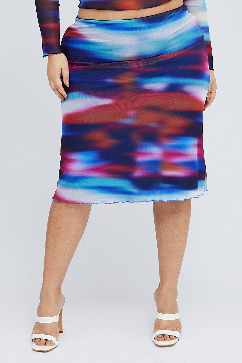 Multi Abstract Midi Skirt Mesh Lined Elastic Waist for YouandAll Fashion