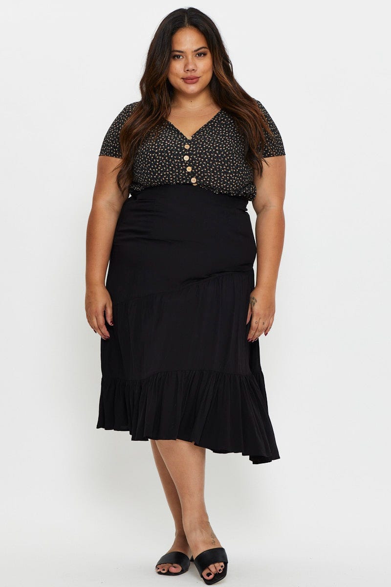 Black Plus Tiered A-Line Midi Skirt For Women By You And All