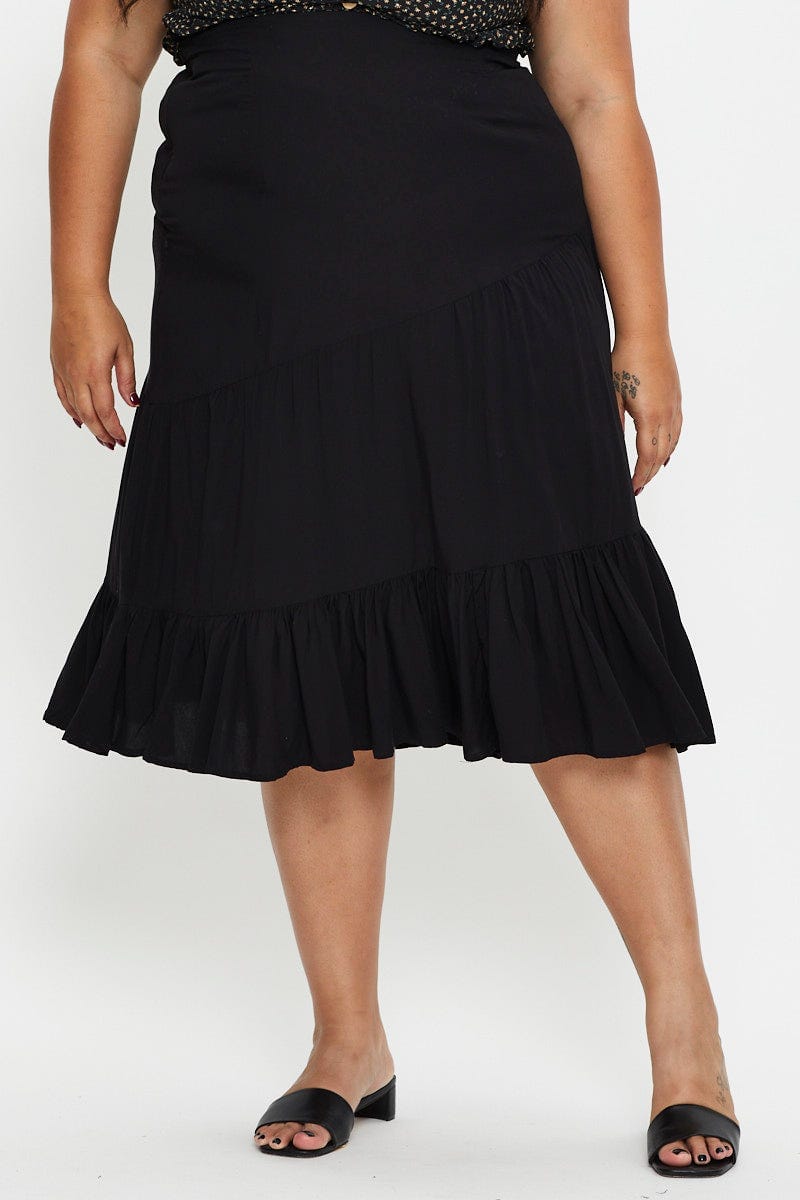 Black Plus Tiered A-Line Midi Skirt For Women By You And All