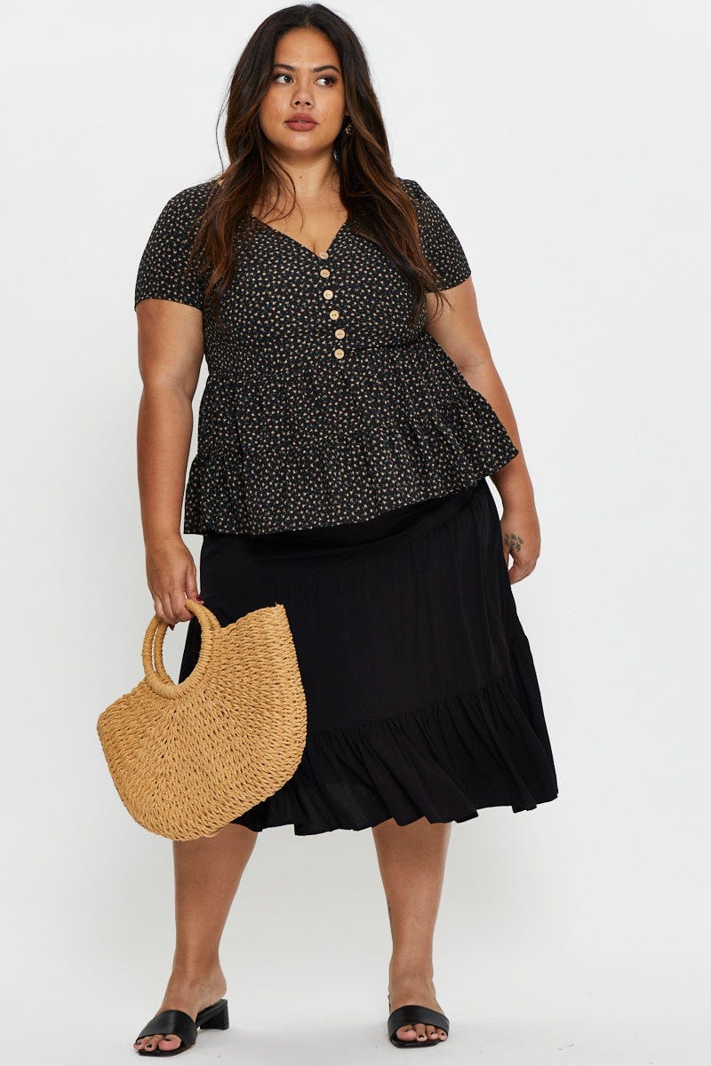 Black Plus Tiered A-Line Midi Skirt For Women By You And All