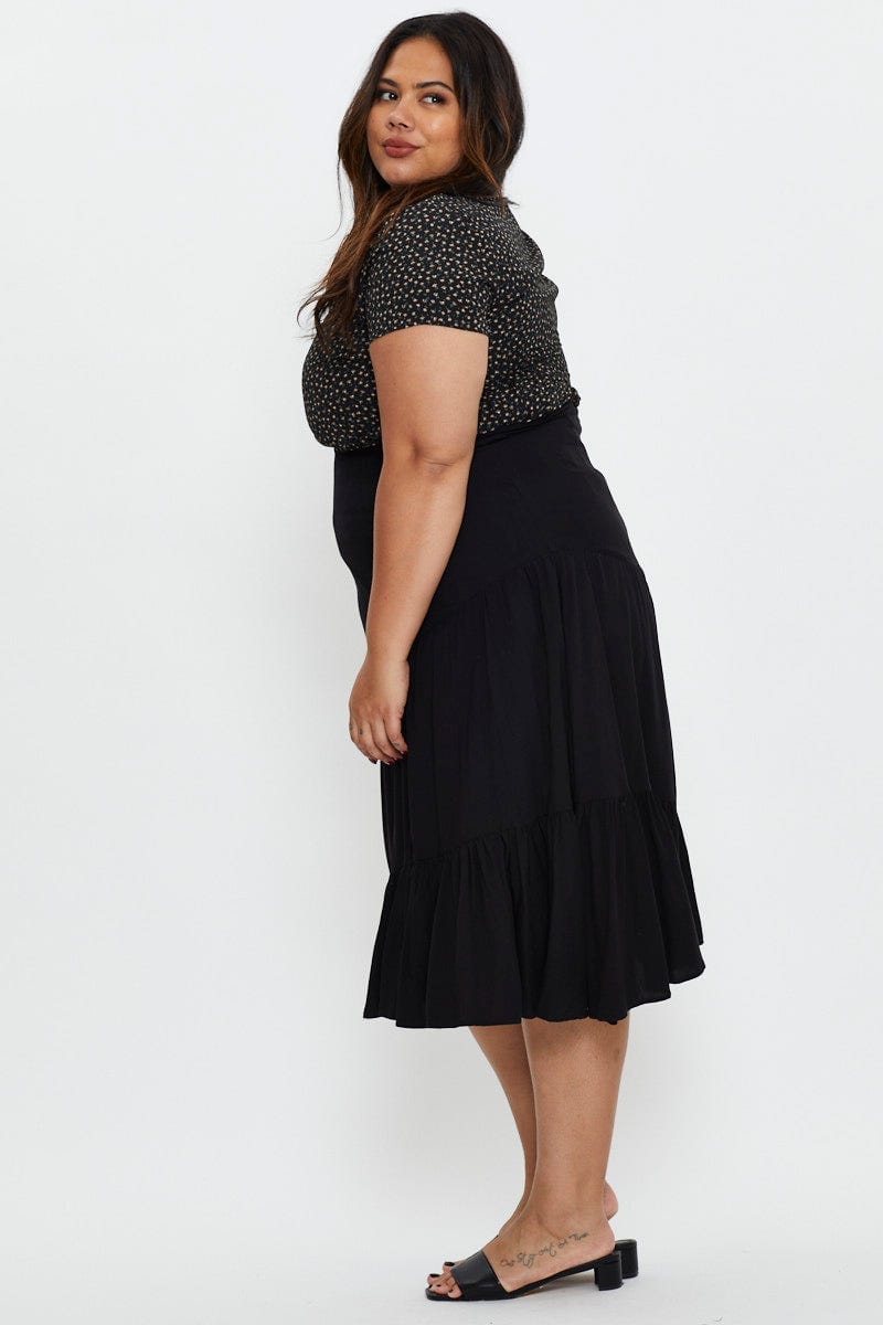 Black Plus Tiered A-Line Midi Skirt For Women By You And All