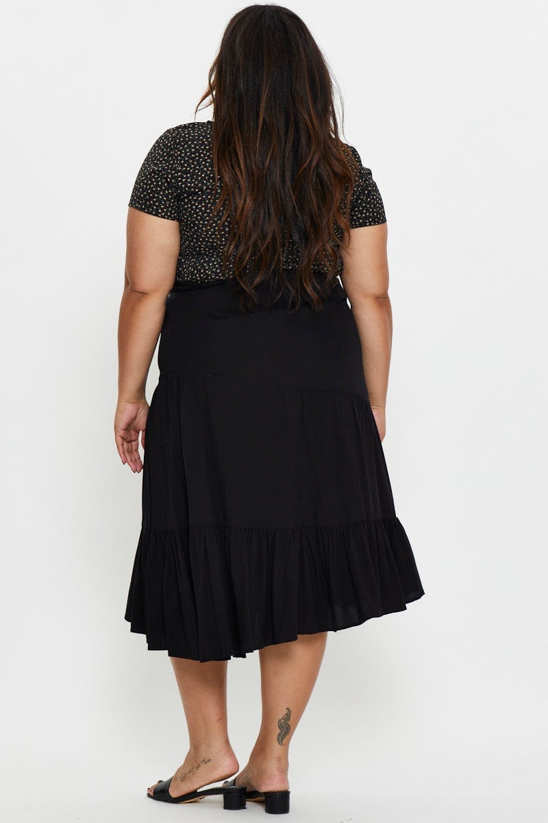 Black Plus Tiered A-Line Midi Skirt For Women By You And All