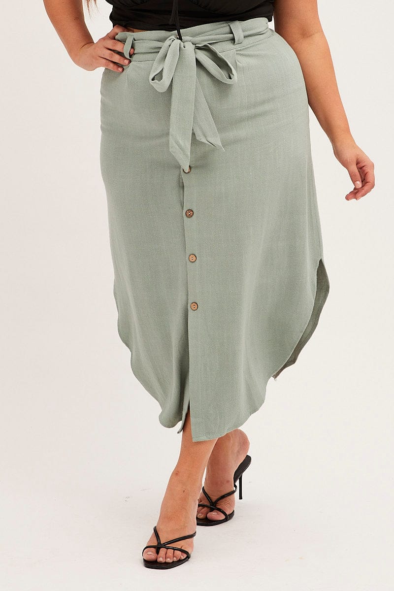 Linen Skirt, Midi Skirt, Green Button Front Skirt, Womens Linen