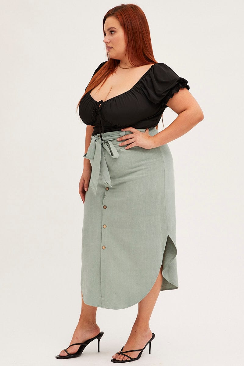 SAGE Midi Skirt Button Front Linen Blend