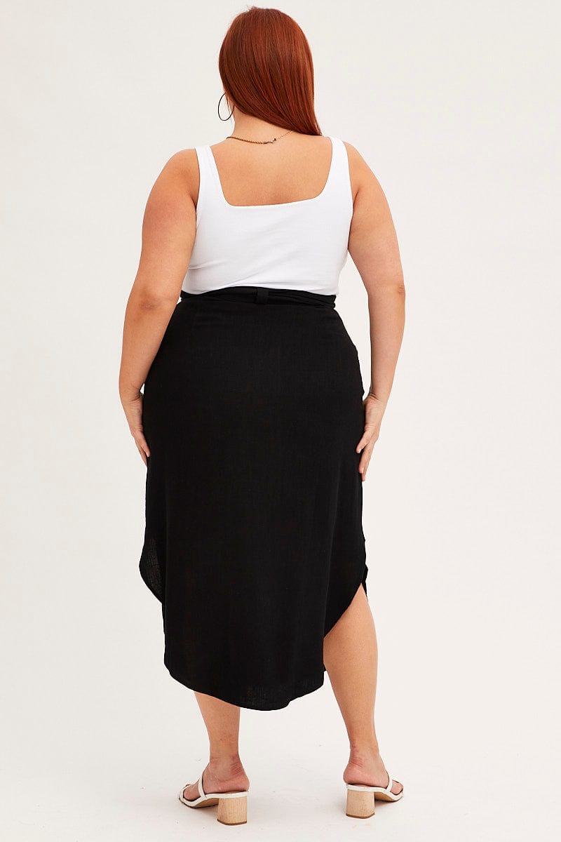 BLACK Midi Skirt Button Front Linen Blend